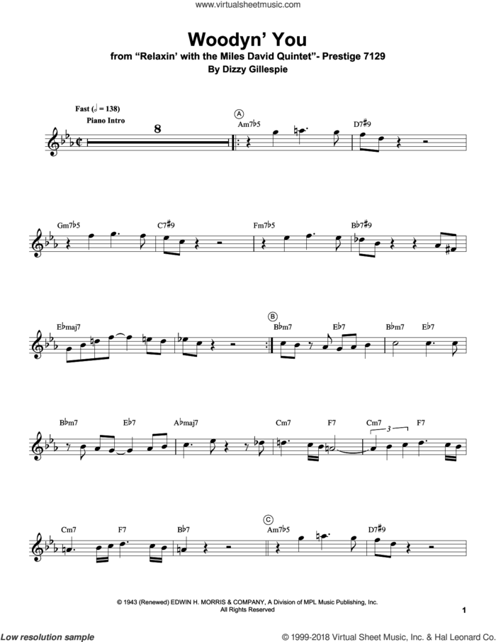 Woodyn' You sheet music for trumpet solo (transcription) by Miles Davis and Dizzy Gillespie, intermediate trumpet (transcription)