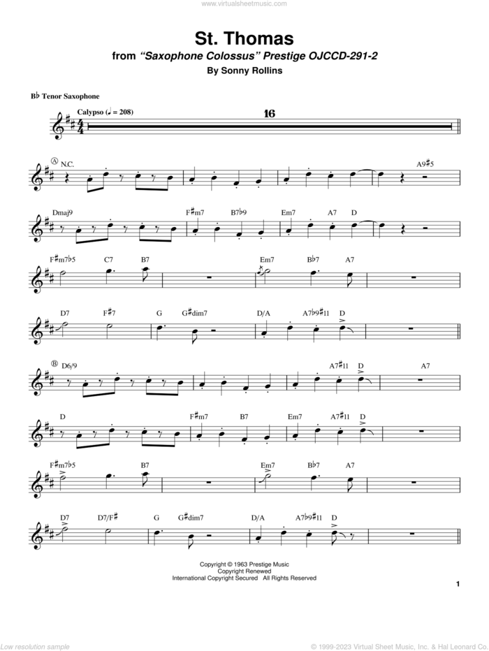 St. Thomas sheet music for tenor saxophone solo (transcription) by Sonny Rollins, intermediate tenor saxophone (transcription)