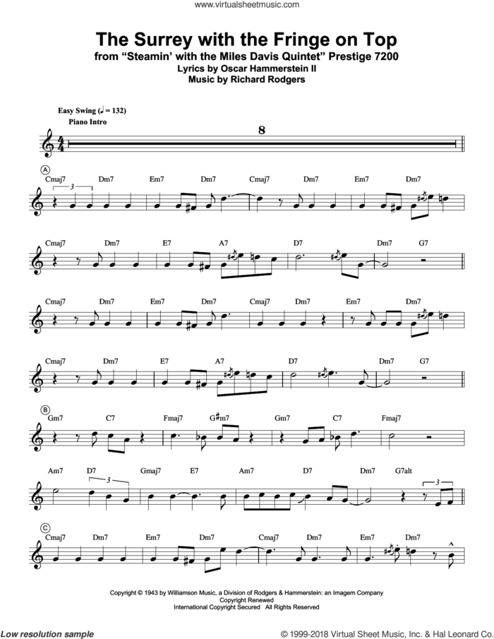 The Surrey With The Fringe On Top (from Oklahoma!) sheet music for trumpet solo (transcription) by Miles Davis, Oscar II Hammerstein and Richard Rodgers, intermediate trumpet (transcription)
