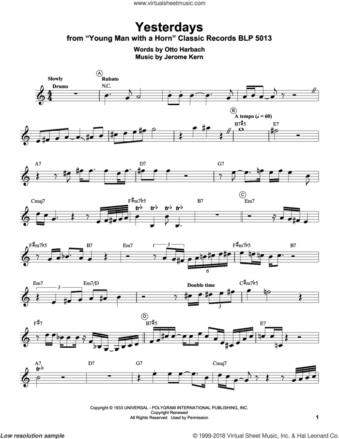Yesterdays sheet music for trumpet solo (transcription) by Miles Davis, Jerome Kern and Otto Harbach, intermediate trumpet (transcription)