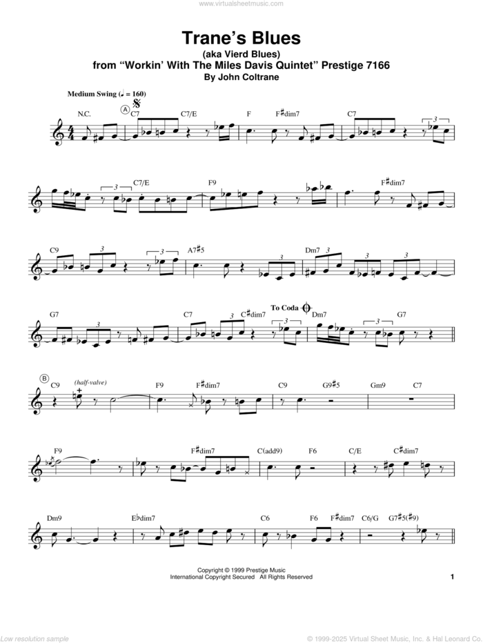 Trane's Blues sheet music for trumpet solo (transcription) by Miles Davis and John Coltrane, intermediate trumpet (transcription)