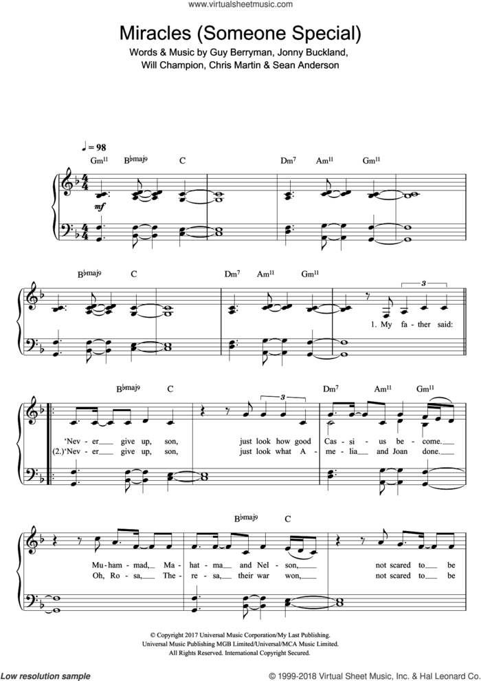 Miracles (Someone Special) (featuring Big Sean) sheet music for piano solo by Coldplay, Big Sean, Chris Martin, Guy Berryman, Jonny Buckland, Sean Anderson and Will Champion, easy skill level