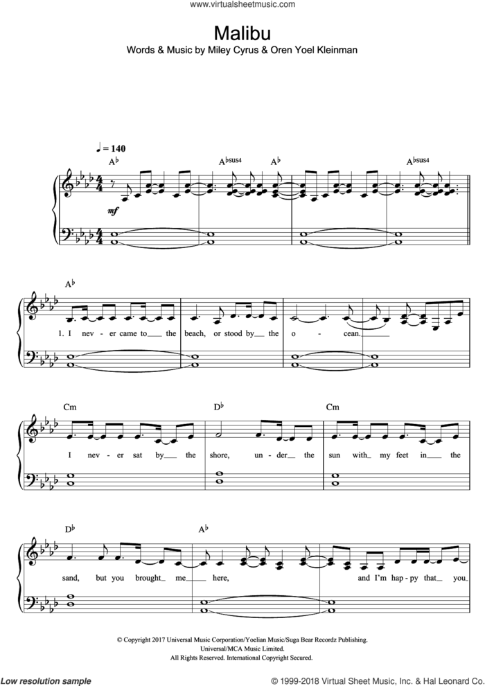 Malibu sheet music for piano solo by Miley Cyrus and Oren Yoel Kleinman, easy skill level