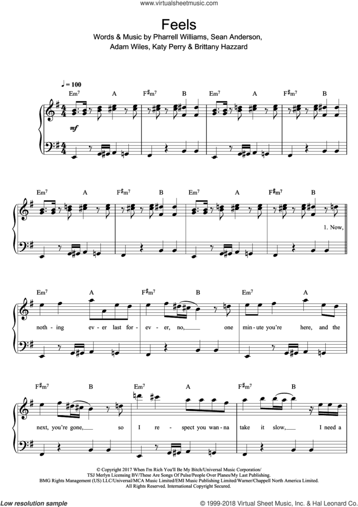 Feels (featuring Pharrell Williams, Katy Perry and Big Sean) sheet music for piano solo by Calvin Harris, Big Sean, Adam Wiles, Brittany Hazzard, Katy Perry, Pharrell Williams and Sean Anderson, easy skill level