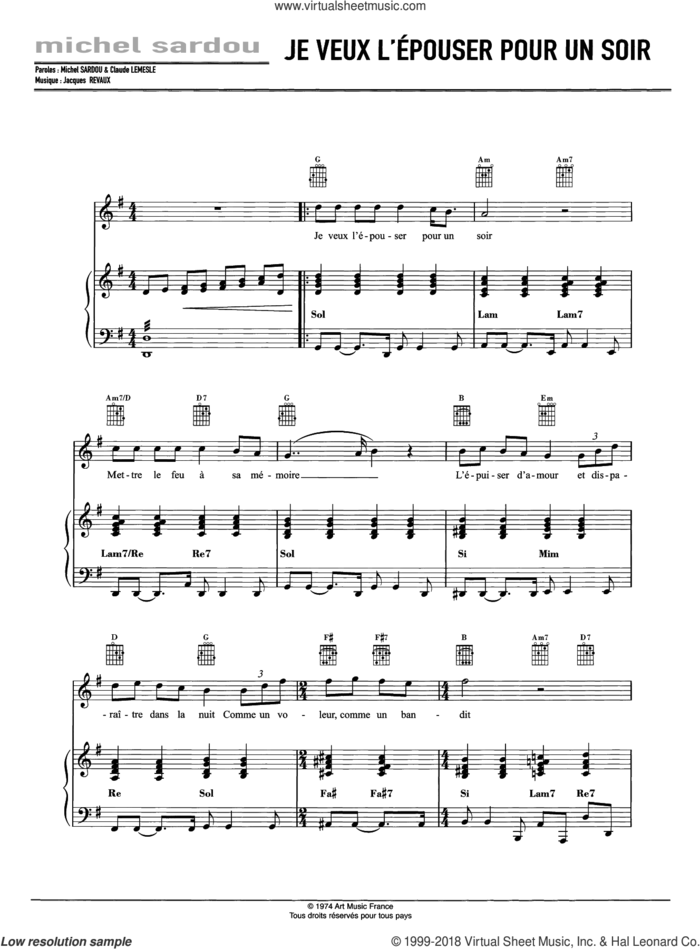 Je Veux L'Epouser Pour Un Soir sheet music for voice, piano or guitar by Michel Sardou and Jacques Revaux, intermediate skill level