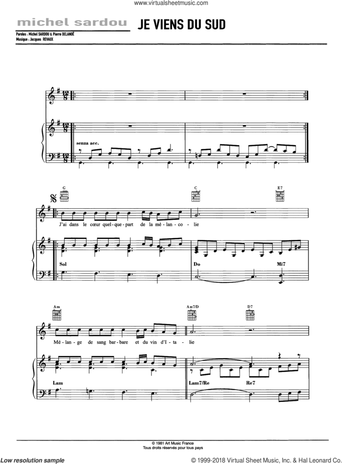 Je Viens Du Sud sheet music for voice, piano or guitar by Michel Sardou and Jacques Revaux, intermediate skill level