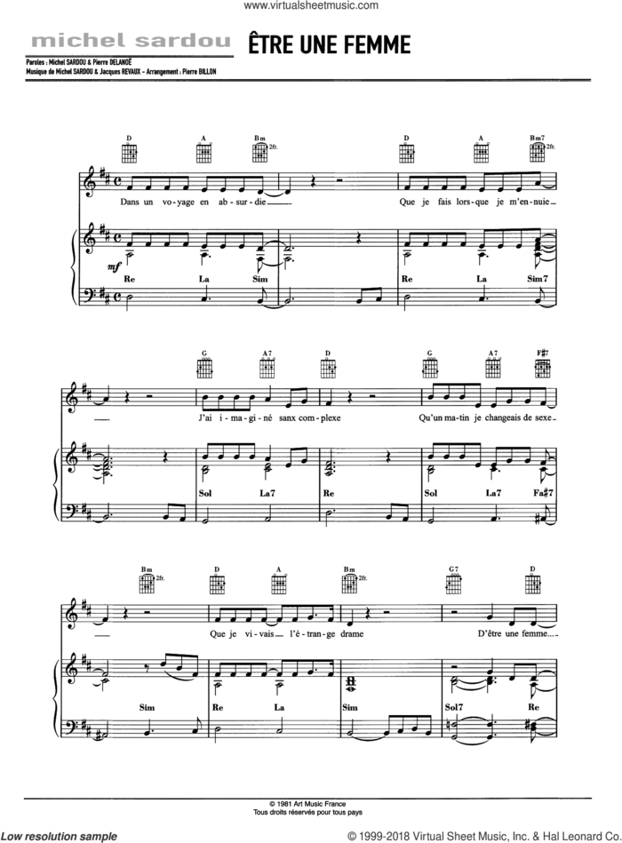 Etre Une Femme sheet music for voice, piano or guitar by Michel Sardou and Jacques Revaud, intermediate skill level