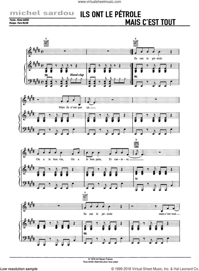 Ils Ont Le Petrole Mais C'est Tout sheet music for voice, piano or guitar by Michel Sardou and Pierre Billon, intermediate skill level