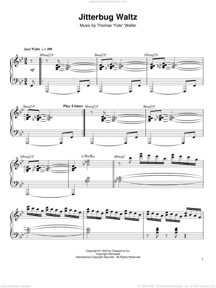 Jitterbug Waltz sheet music for piano solo (transcription) by Oscar Peterson and Thomas Waller and Thomas Waller, intermediate piano (transcription)