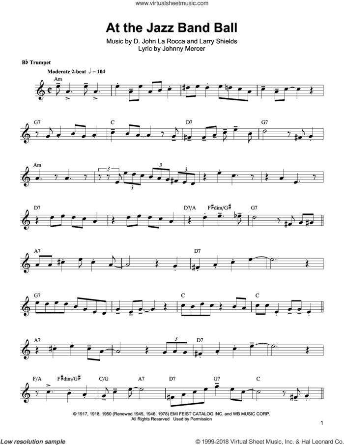 At The Jazz Band Ball sheet music for trumpet solo (transcription) by Arturo Sandoval, D. John La Rocca, Johnny Mercer and Larry Shields, intermediate trumpet (transcription)