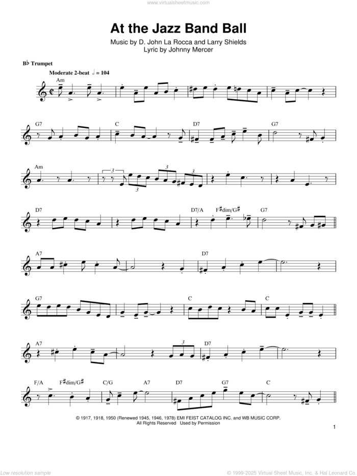 At The Jazz Band Ball sheet music for trumpet solo (transcription) by Arturo Sandoval, D. John La Rocca, Johnny Mercer and Larry Shields, intermediate trumpet (transcription)