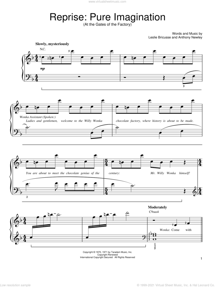 Reprise: Pure Imagination (At the Gates of the Factory) sheet music for piano solo by Anthony Newley and Leslie Bricusse, easy skill level