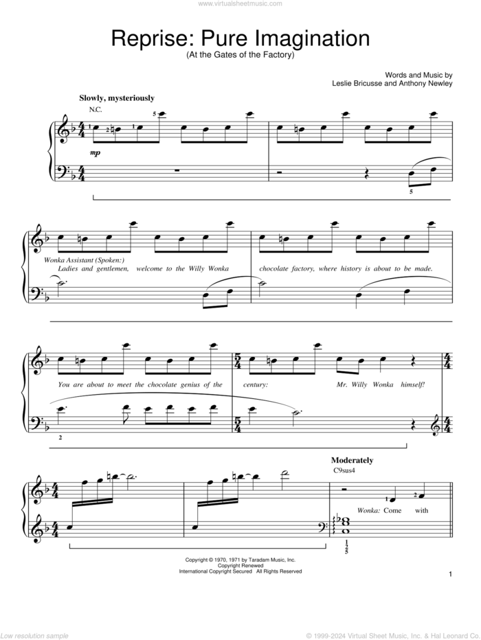 Reprise: Pure Imagination (At the Gates of the Factory) sheet music for piano solo by Anthony Newley and Leslie Bricusse, easy skill level