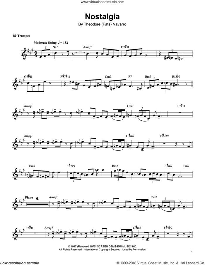 Nostalgia sheet music for trumpet solo (transcription) by Arturo Sandoval and Theodore (Fats) Navarro, intermediate trumpet (transcription)