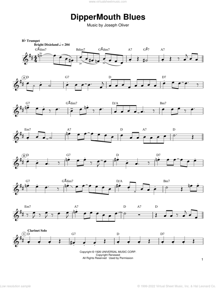 Dippermouth Blues sheet music for trumpet solo (transcription) by Arturo Sandoval, Louis Armstrong and Joe Oliver, intermediate trumpet (transcription)