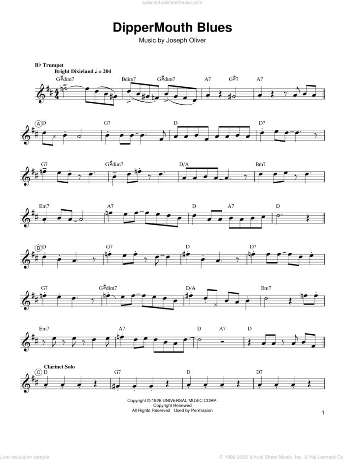 Dippermouth Blues sheet music for trumpet solo (transcription) by Arturo Sandoval, Louis Armstrong and Joe Oliver, intermediate trumpet (transcription)