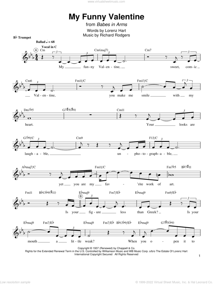My Funny Valentine sheet music for trumpet solo (transcription) by Arturo Sandoval, Lorenz Hart and Richard Rodgers, intermediate trumpet (transcription)