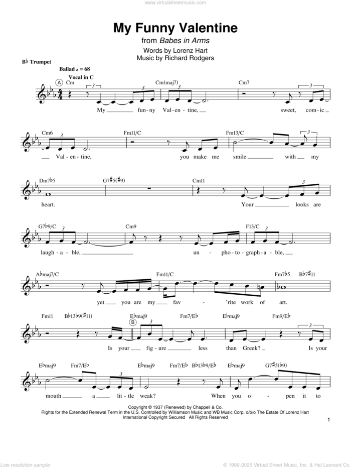 My Funny Valentine sheet music for trumpet solo (transcription) by Arturo Sandoval, Lorenz Hart and Richard Rodgers, intermediate trumpet (transcription)