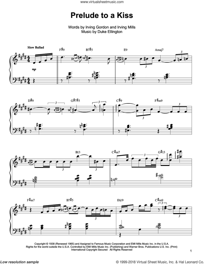 Prelude To A Kiss sheet music for piano solo (transcription) by Oscar Peterson, Duke Ellington, Irving Gordon and Irving Mills, intermediate piano (transcription)