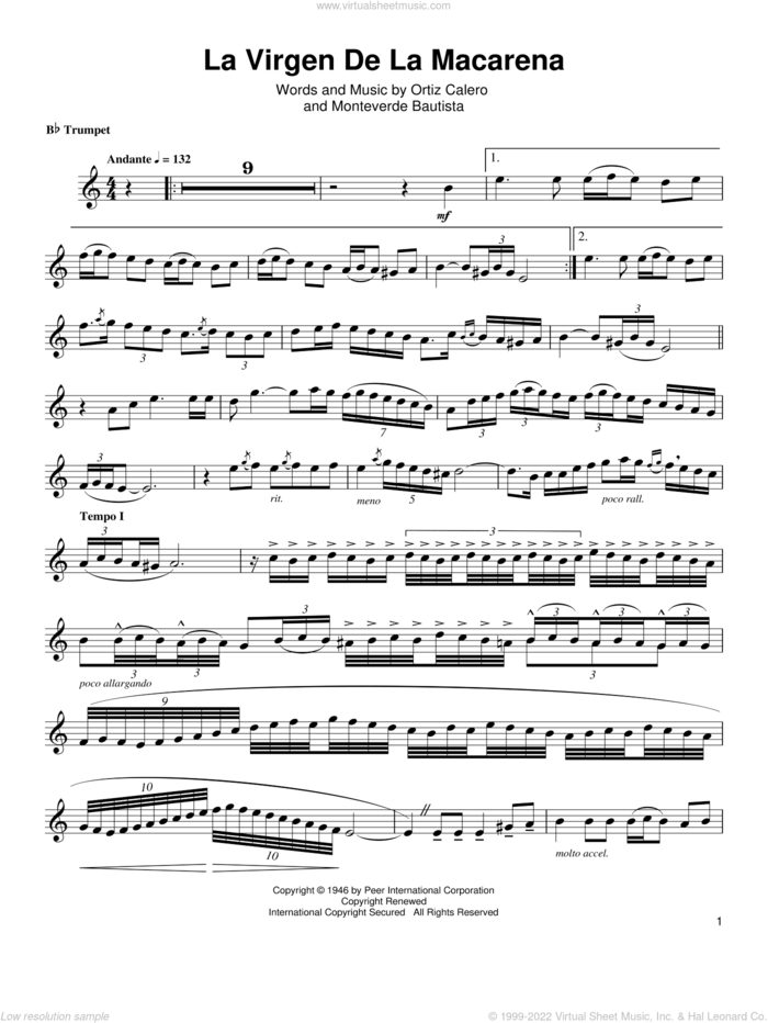 La Virgen De La Macarena sheet music for trumpet solo (transcription) by Arturo Sandoval, Monteverde Bautista and Ortiz Calero, intermediate trumpet (transcription)
