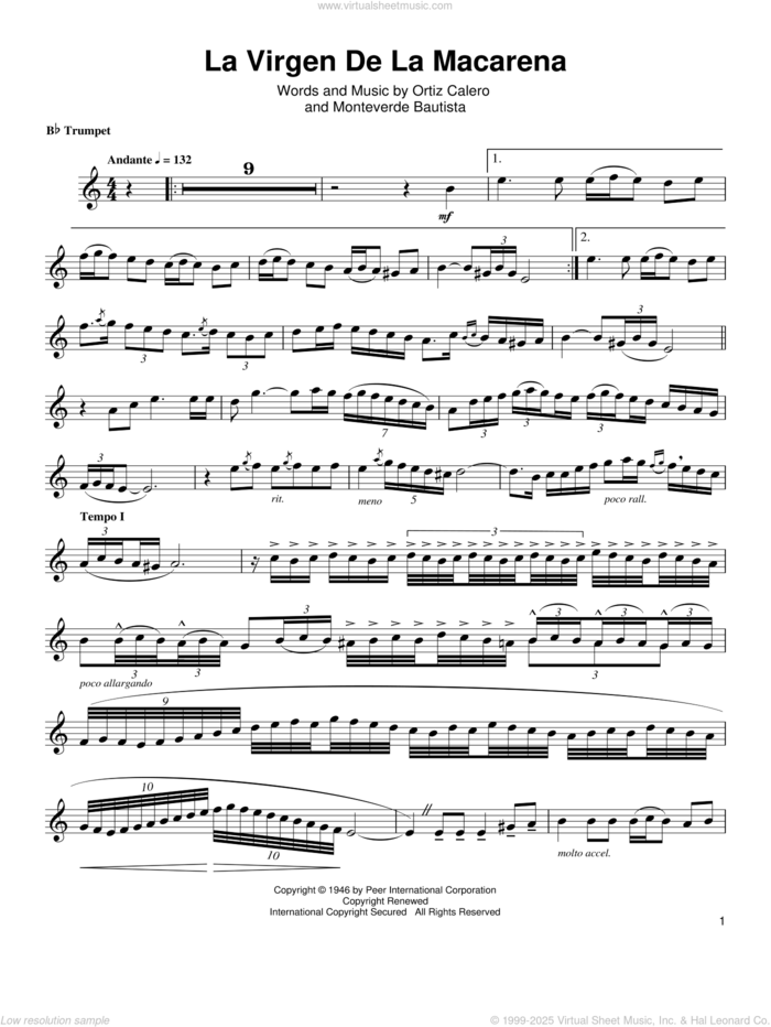 La Virgen De La Macarena sheet music for trumpet solo (transcription) by Arturo Sandoval, Monteverde Bautista and Ortiz Calero, intermediate trumpet (transcription)