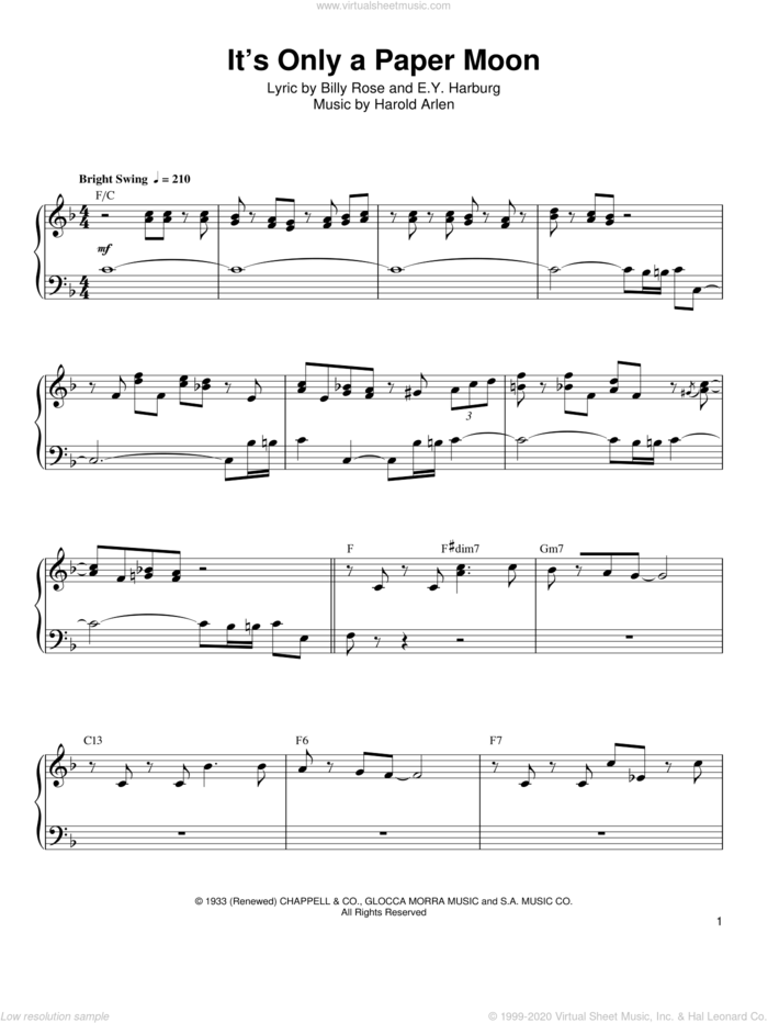 It's Only A Paper Moon sheet music for piano solo (transcription) by Oscar Peterson, Billy Rose, E.Y. Harburg and Harold Arlen, intermediate piano (transcription)