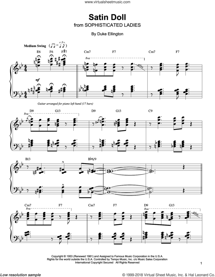 Satin Doll sheet music for piano solo (transcription) by Oscar Peterson, Billy Strayhorn, Duke Ellington and Johnny Mercer, intermediate piano (transcription)