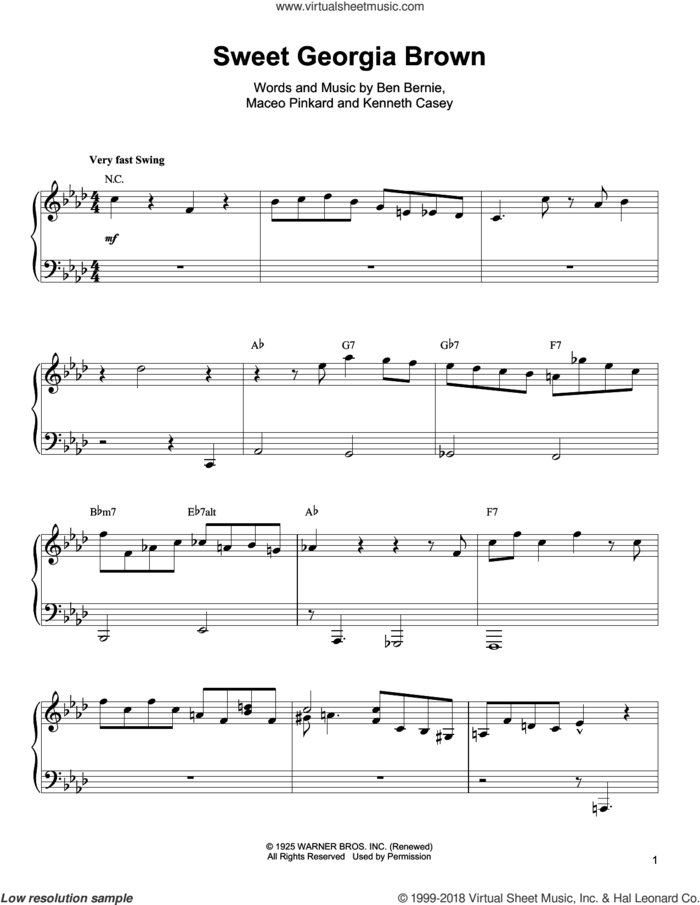 Sweet Georgia Brown sheet music for piano solo (transcription) by Oscar Peterson, Ben Bernie, Kenneth Casey and Maceo Pinkard, intermediate piano (transcription)