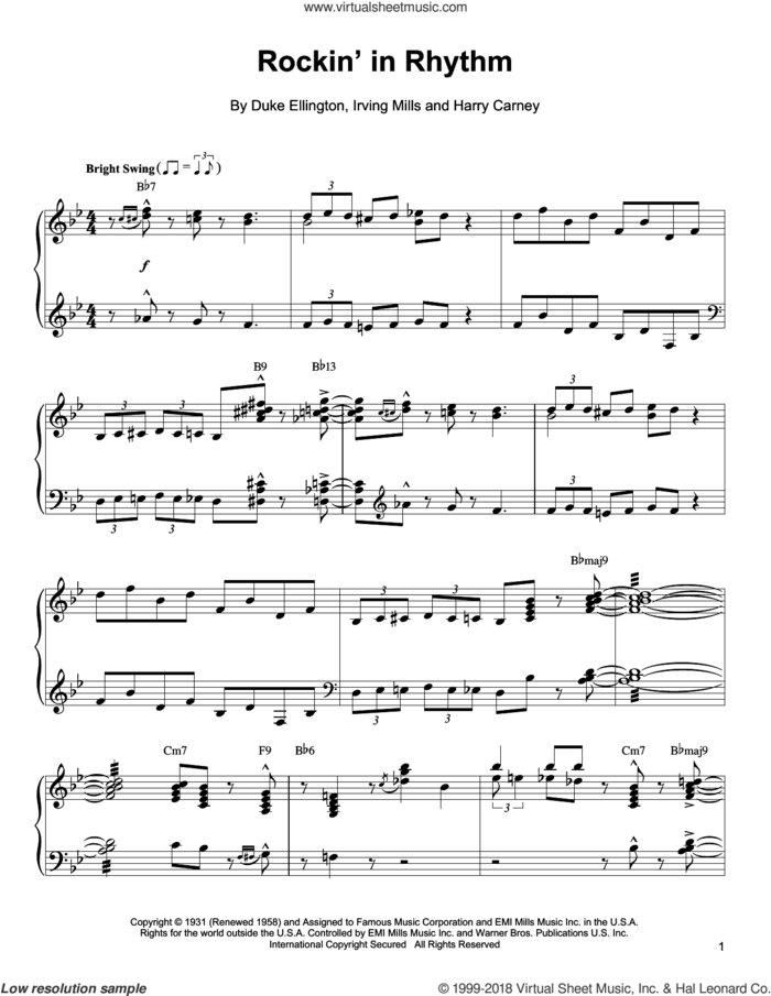 Rockin' In Rhythm sheet music for piano solo (transcription) by Oscar Peterson, Duke Ellington, Harry Carney and Irving Mills, intermediate piano (transcription)