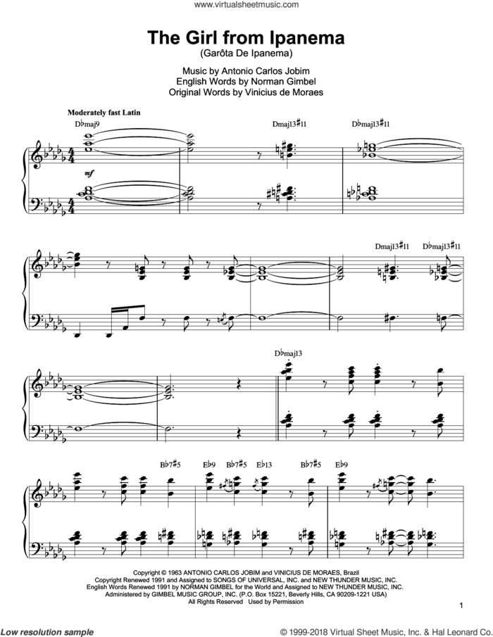 The Girl From Ipanema (Garota De Ipanema) sheet music for piano solo (transcription) by Oscar Peterson, Antonio Carlos Jobim, Norman Gimbel and Vinicius de Moraes, intermediate piano (transcription)