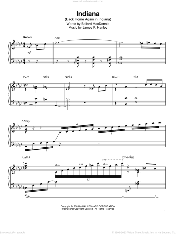 Indiana (Back Home Again In Indiana) sheet music for piano solo (transcription) by Oscar Peterson, Ballard MacDonald and James Hanley, intermediate piano (transcription)
