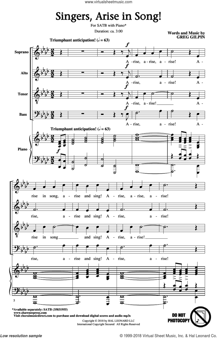 Singers, Arise In Song! sheet music for choir (SATB: soprano, alto, tenor, bass) by Greg Gilpin, intermediate skill level