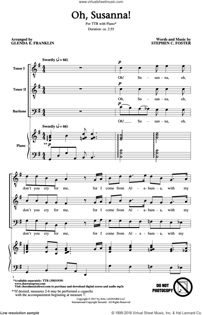 Oh, Susanna! sheet music for choir (TTBB: tenor, bass) by Stephen Foster and Glenda E. Franklin, intermediate skill level