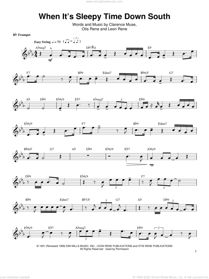 When It's Sleepy Time Down South sheet music for trumpet solo (transcription) by Arturo Sandoval, Louis Armstrong, Clarence Muse, Leon Rene, Leon Rene and Otis Rene, intermediate trumpet (transcription)