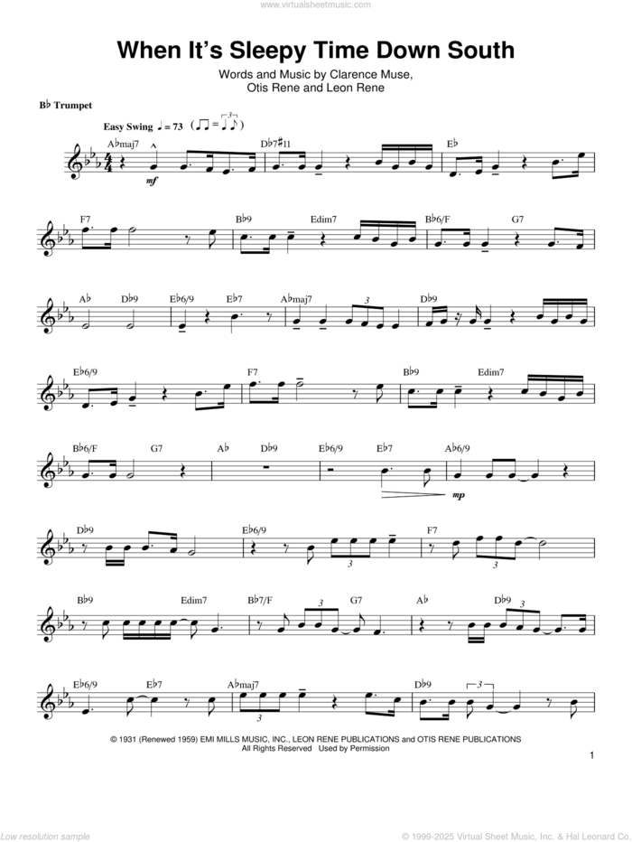 When It's Sleepy Time Down South sheet music for trumpet solo (transcription) by Arturo Sandoval, Louis Armstrong, Clarence Muse, Leon Rene, Leon Rene and Otis Rene, intermediate trumpet (transcription)