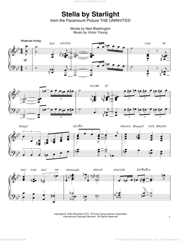 Stella By Starlight sheet music for piano solo (transcription) by Oscar Peterson, Ray Charles, Ned Washington and Victor Young, intermediate piano (transcription)
