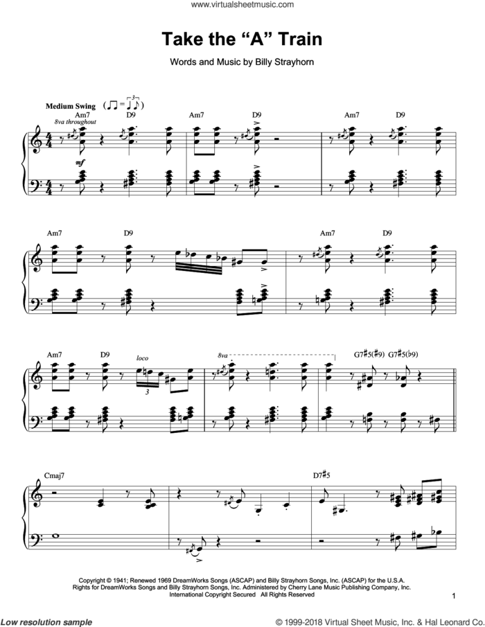 Take The 'A' Train sheet music for piano solo (transcription) by Oscar Peterson and Billy Strayhorn, intermediate piano (transcription)