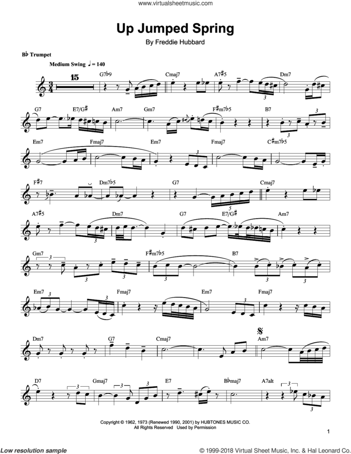 Up Jumped Spring sheet music for trumpet solo (transcription) by Arturo Sandoval and Freddie Hubbard, intermediate trumpet (transcription)