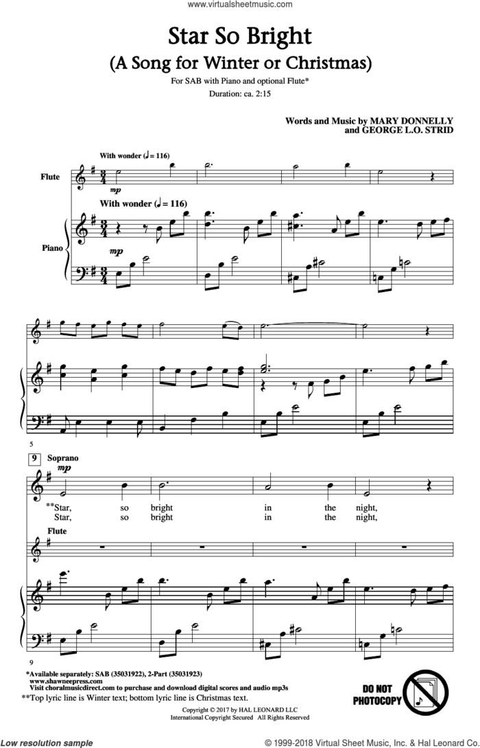 Star So Bright (A Song For Winter Or Christmas) sheet music for choir (SAB: soprano, alto, bass) by Mary Donnelly, Mary Donnelly and George L.O. Strid and George L.O. Strid, intermediate skill level
