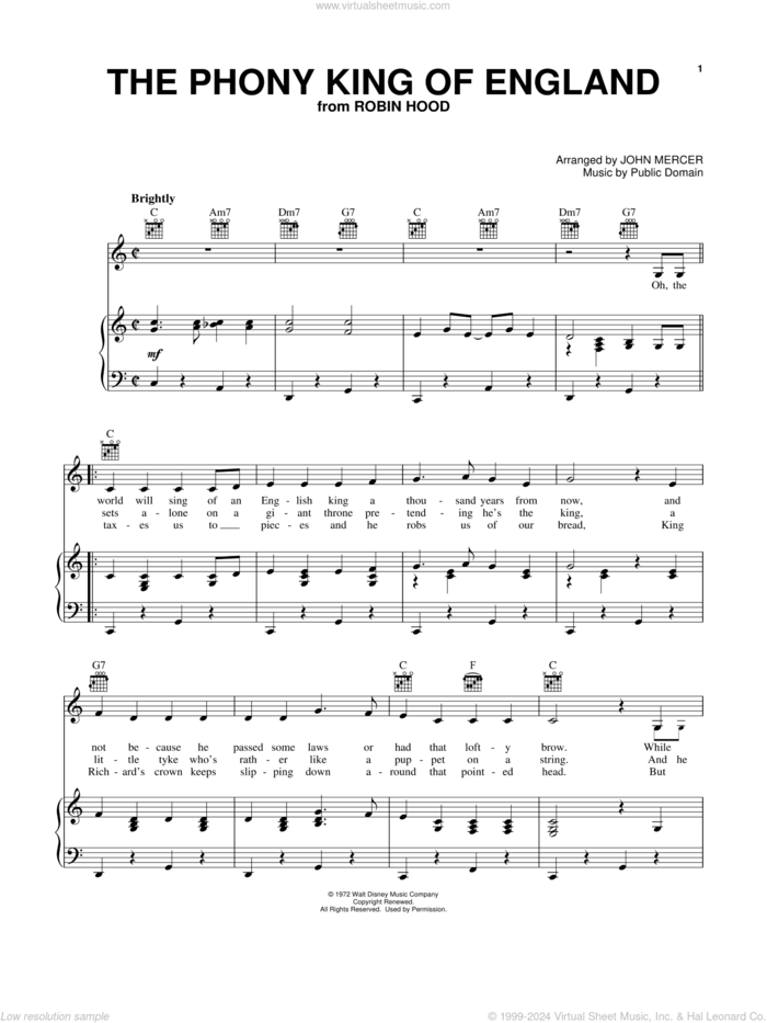 The Phony King Of England sheet music for voice, piano or guitar by John Mercer, John Mercer (arr.) and Public Domain, intermediate skill level