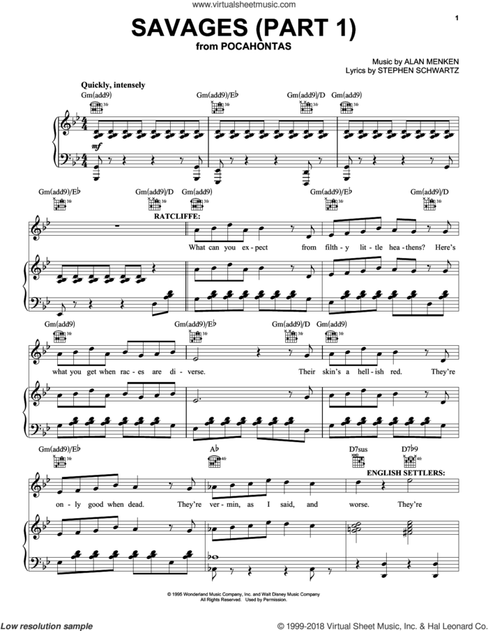 Savages (Part 1) sheet music for voice, piano or guitar by Stephen Schwartz and Alan Menken, intermediate skill level