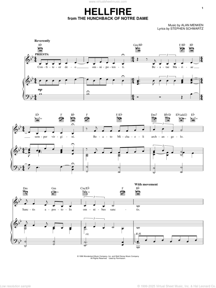 Hellfire (from The Hunchback Of Notre Dame) sheet music for voice, piano or guitar by Alan Menken & Stephen Schwartz, Alan Menken and Stephen Schwartz, intermediate skill level