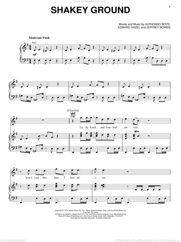 Shakey Ground sheet music for voice, piano or guitar by The Temptations, Elton John, Alphonso Boyd, Edward Hazel and Jeffrey Bowen, intermediate skill level