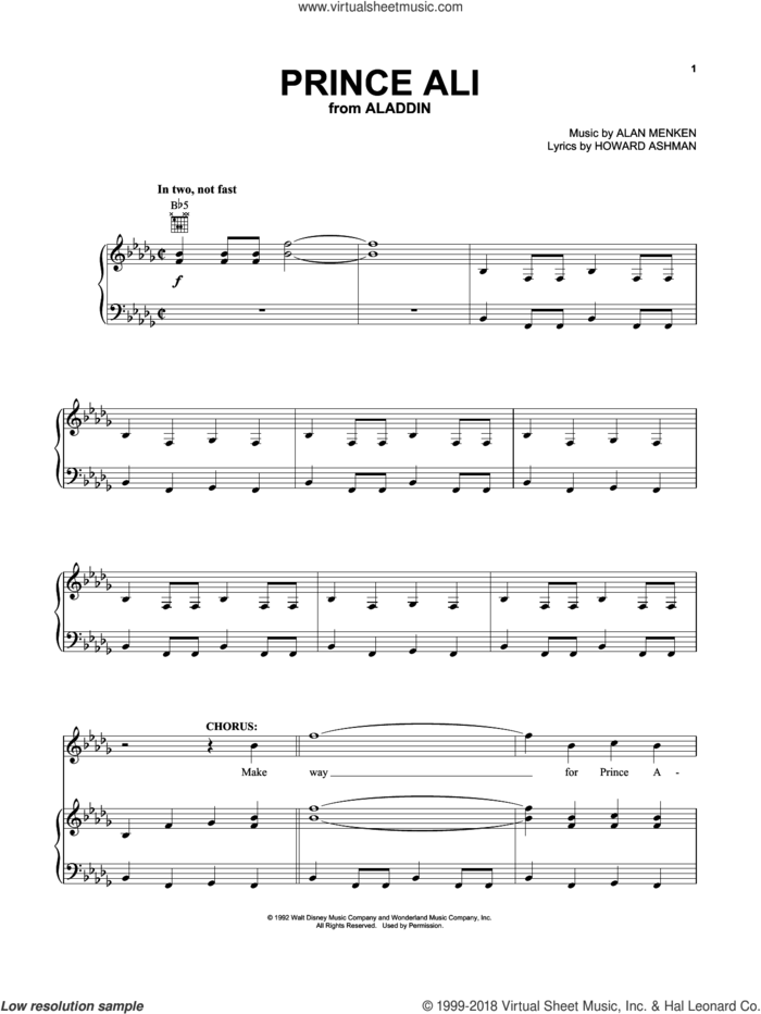 Prince Ali (from Aladdin) sheet music for voice, piano or guitar by Alan Menken and Howard Ashman, intermediate skill level