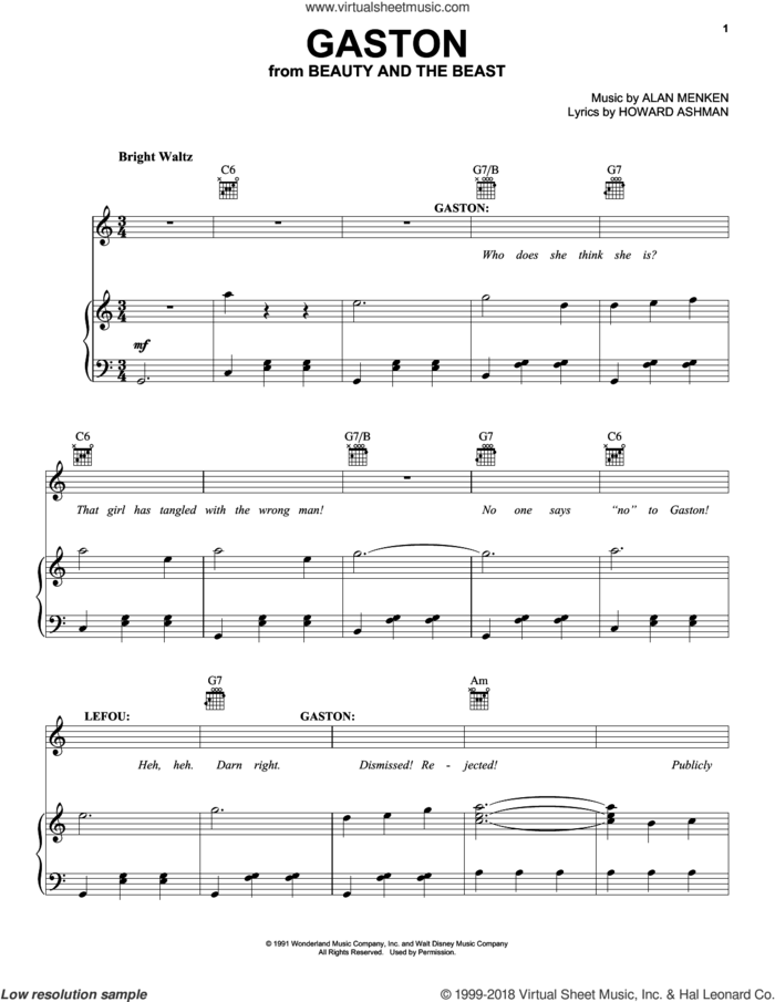 Gaston (from Beauty And The Beast) sheet music for voice, piano or guitar by Alan Menken, Alan Menken & Howard Ashman and Howard Ashman, intermediate skill level