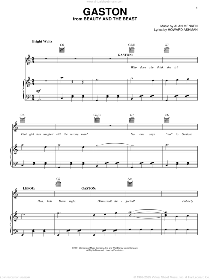 Gaston (from Beauty And The Beast) sheet music for voice, piano or guitar by Alan Menken, Alan Menken & Howard Ashman and Howard Ashman, intermediate skill level