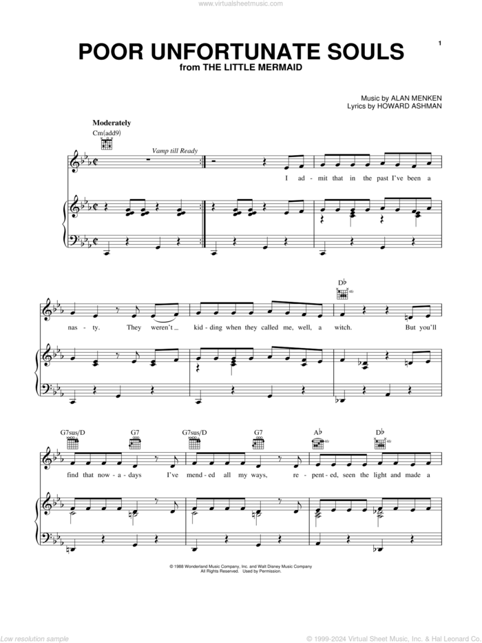 Poor Unfortunate Souls (from The Little Mermaid) sheet music for voice, piano or guitar by Alan Menken and Howard Ashman, intermediate skill level