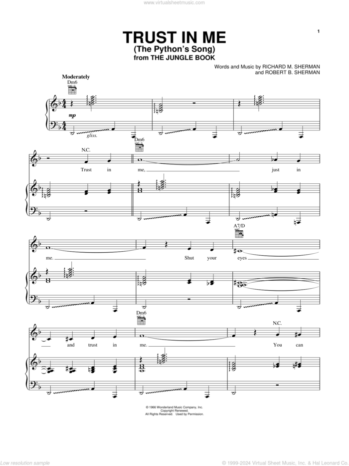 Trust In Me (The Python's Song) (from The Jungle Book) sheet music for voice, piano or guitar by Robert B. Sherman and Richard M. Sherman, intermediate skill level