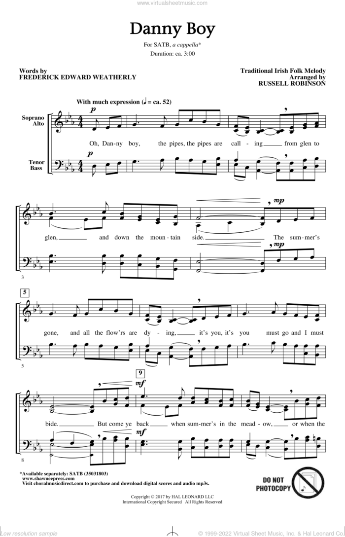 Danny Boy (arr. Russell Robinson) sheet music for choir (SATB: soprano, alto, tenor, bass) by Russell Robinson, Miscellaneous, Frederick Edward Weatherly and Traditional Irish, intermediate skill level