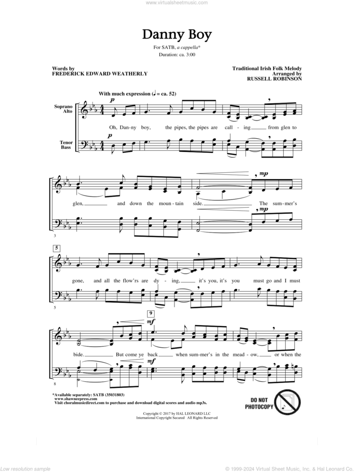 Danny Boy (arr. Russell Robinson) sheet music for choir (SATB: soprano, alto, tenor, bass) by Russell Robinson, Miscellaneous, Frederick Edward Weatherly and Traditional Irish, intermediate skill level